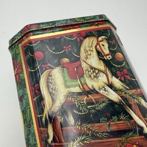 Vtg Metal Christmas Tin White Rocking Horse English Country Decor Container